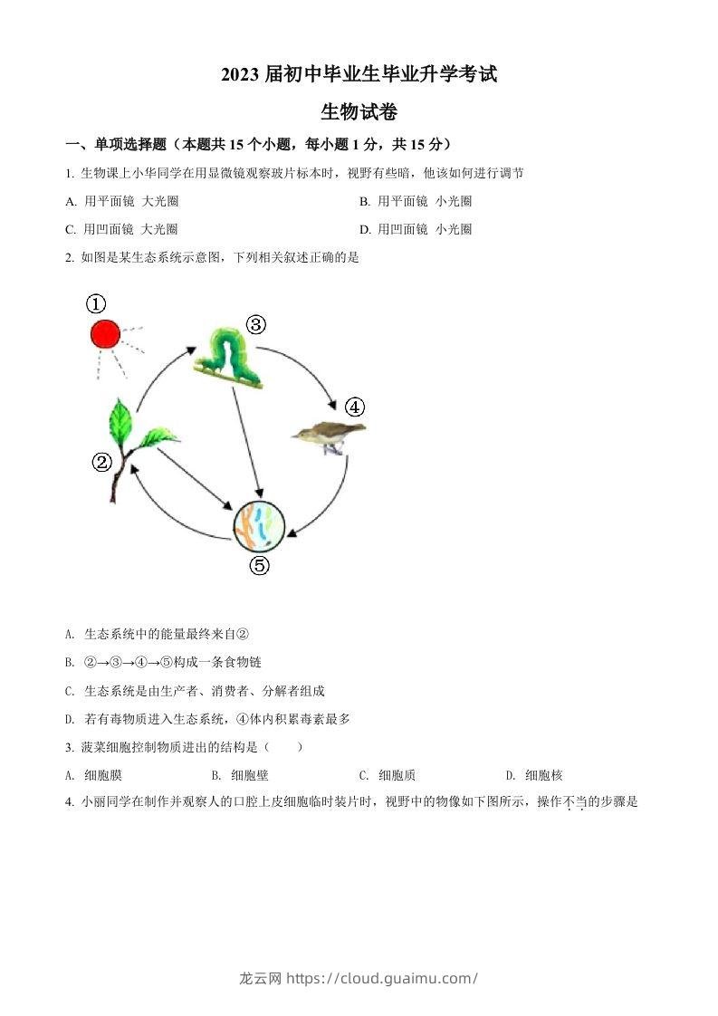 2022年辽宁省营口市中考生物真题（空白卷）-龙云试卷网