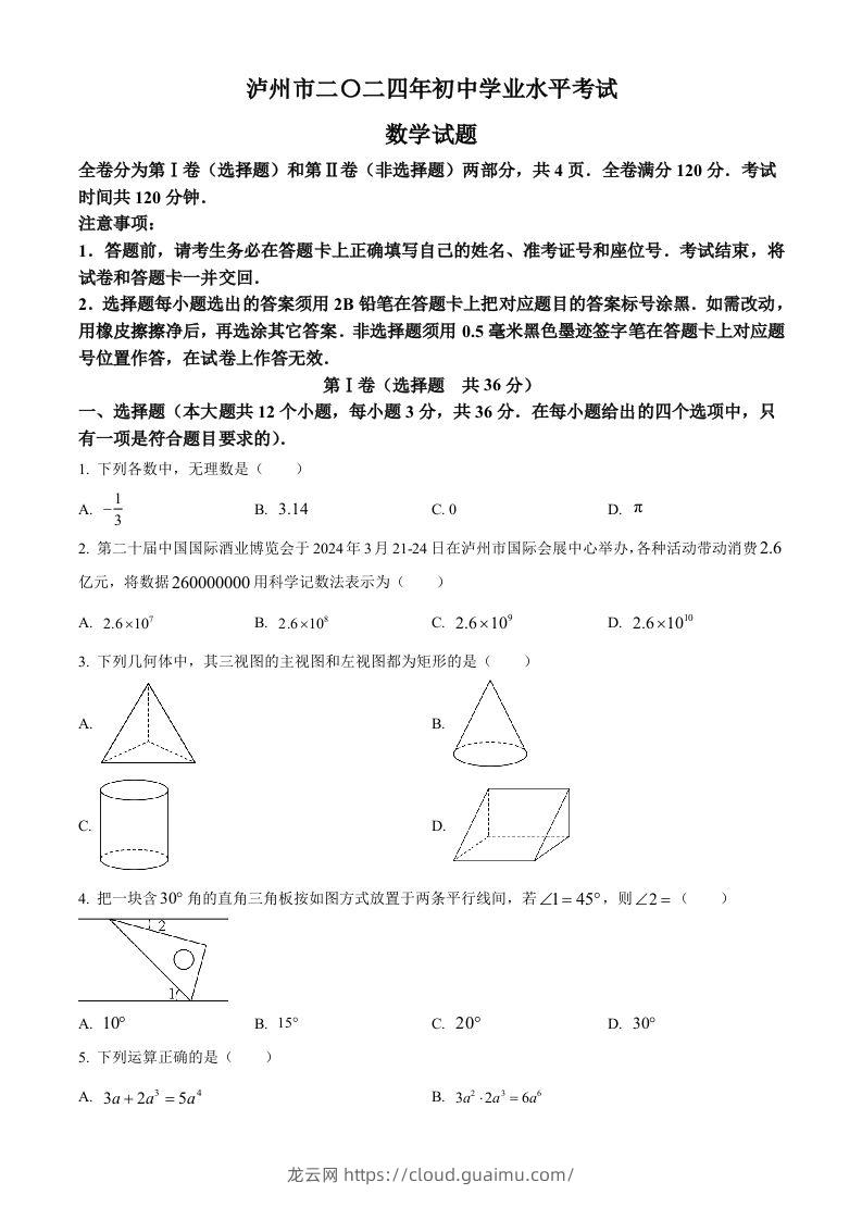 2024年四川省泸州市中考数学试题（空白卷）-龙云试卷网