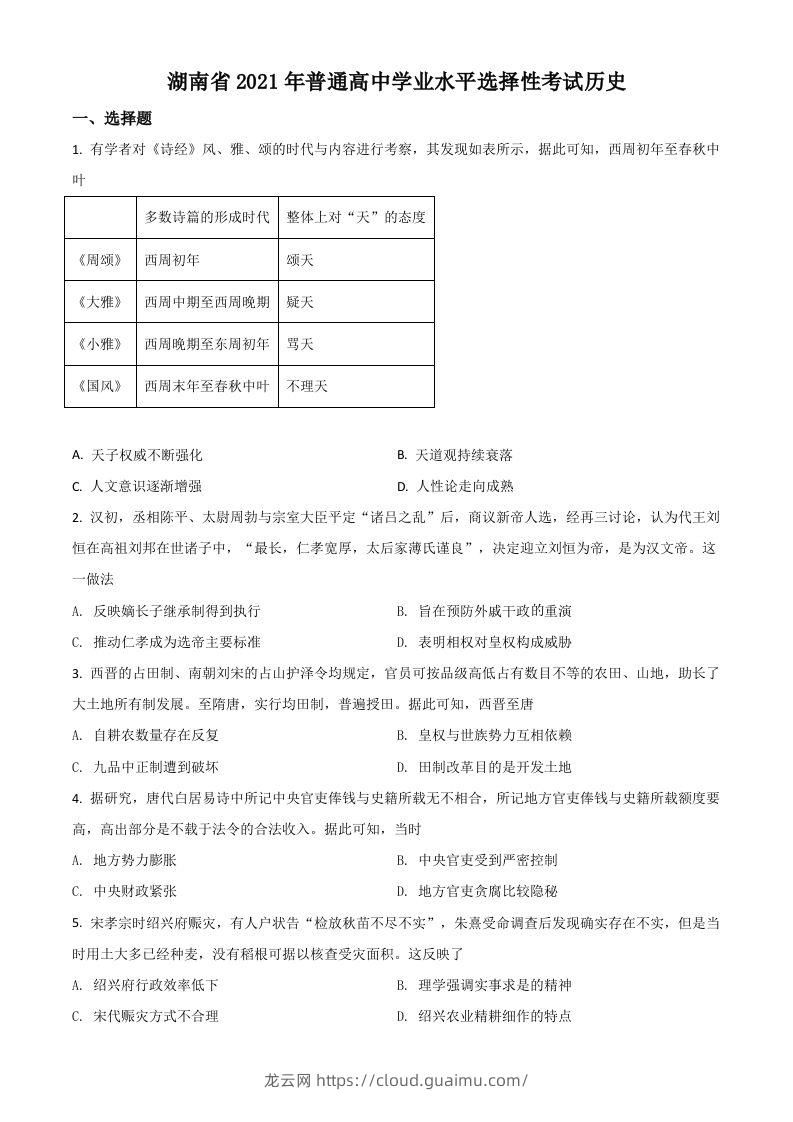 2021年高考历史试卷（湖南）（空白卷）-龙云试卷网