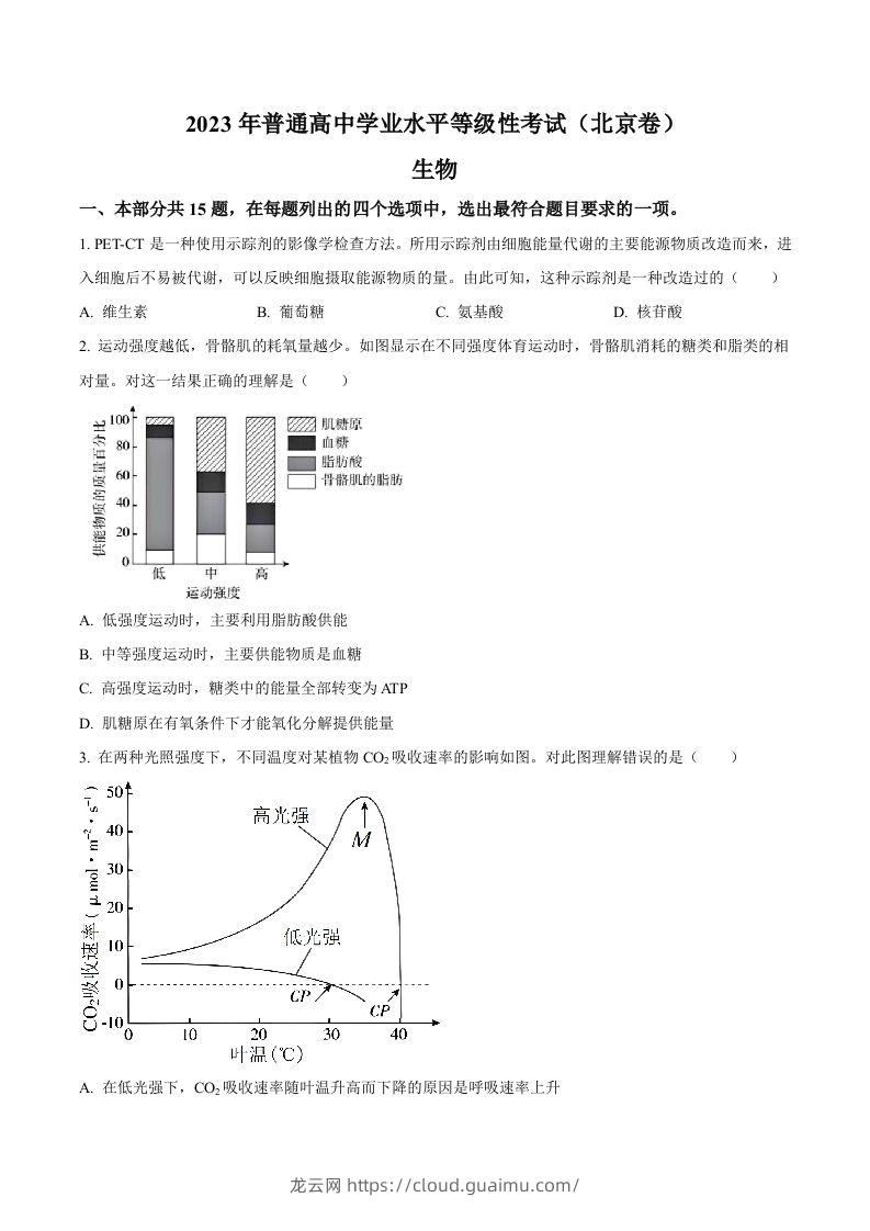 2023年高考生物试卷（北京）（空白卷）-龙云试卷网