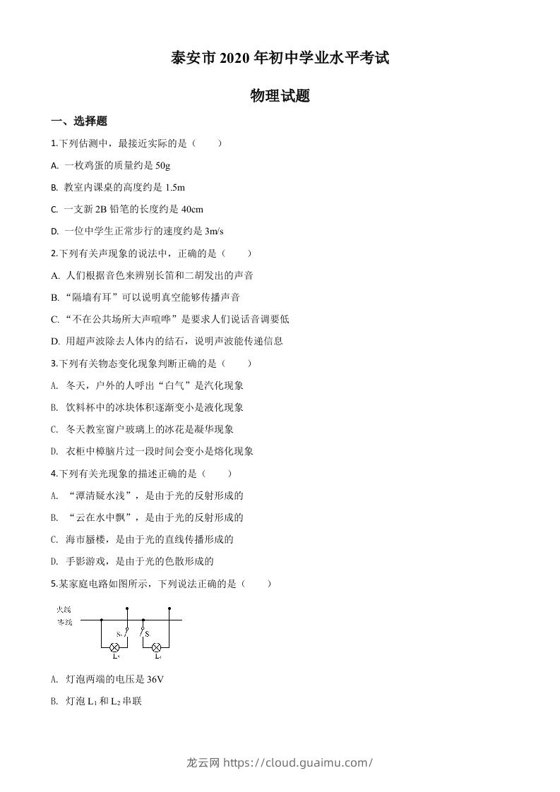 2020年山东省泰安市中考物理试题（空白卷）-龙云试卷网