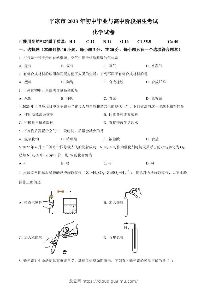 2023年甘肃省平凉市中考化学真题（空白卷）-龙云试卷网