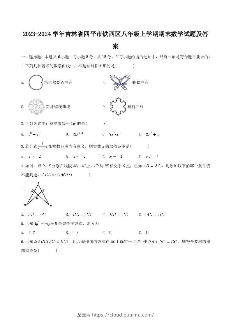 2023-2024学年吉林省四平市铁西区八年级上学期期末数学试题及答案(Word版)-龙云试卷网