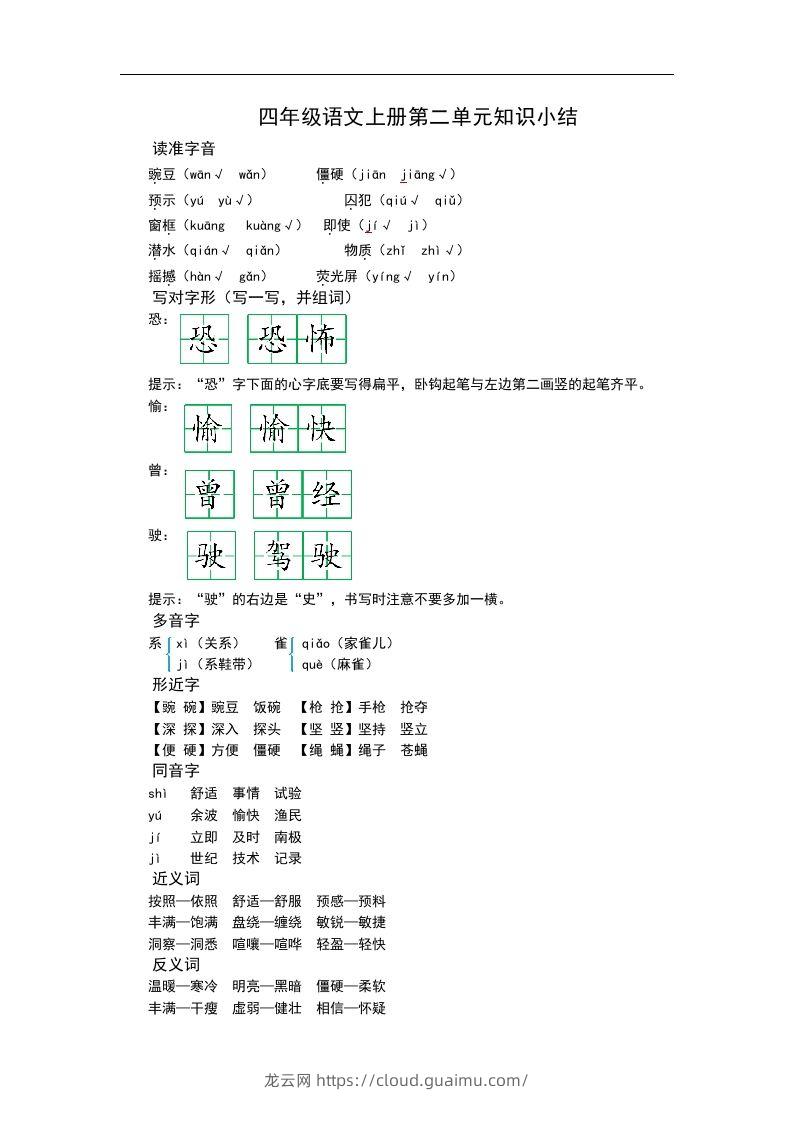 四（上）语文第二单元知识重点-龙云试卷网