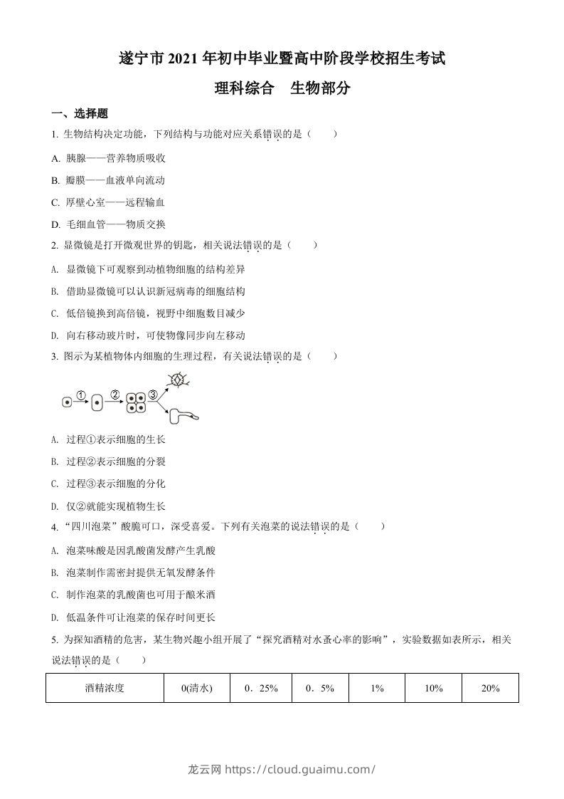 四川省遂宁市2021年中考生物试题（空白卷）-龙云试卷网