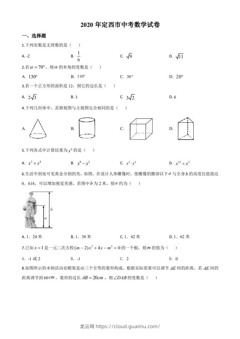 甘肃省定西市2020年中考数学试题（空白卷）-龙云试卷网