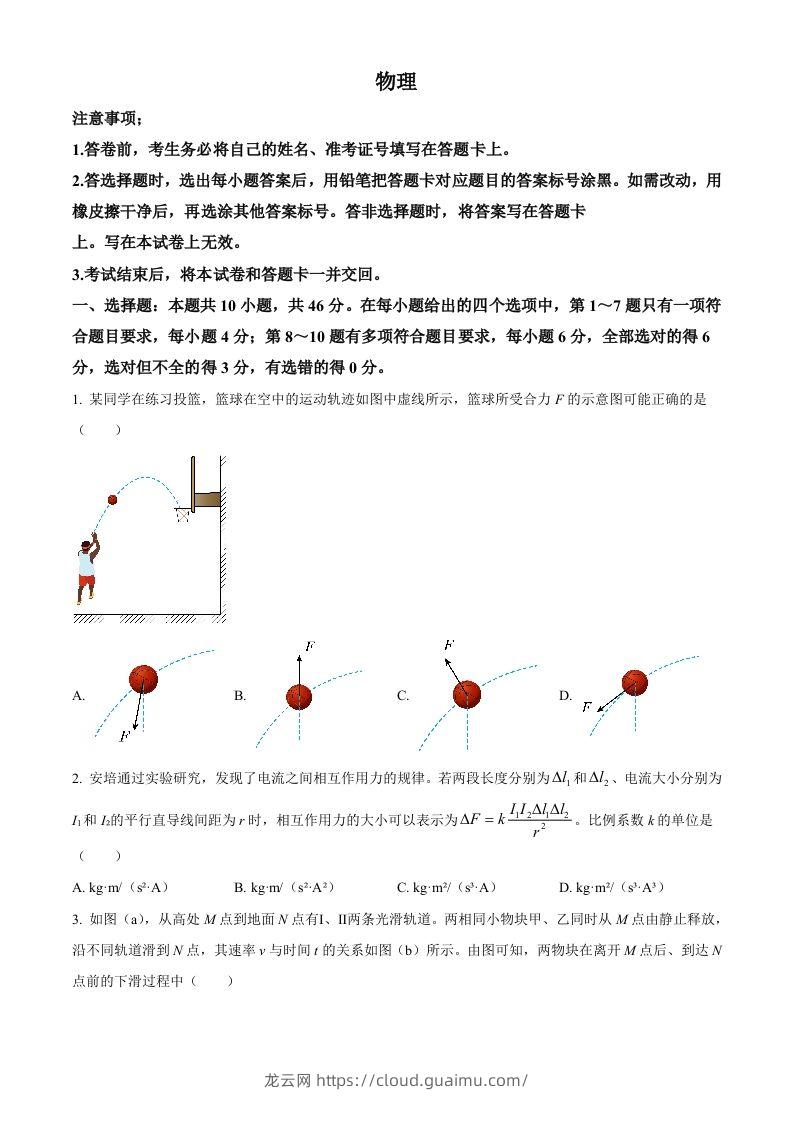 2023年高考物理试卷（辽宁）（空白卷）-龙云试卷网