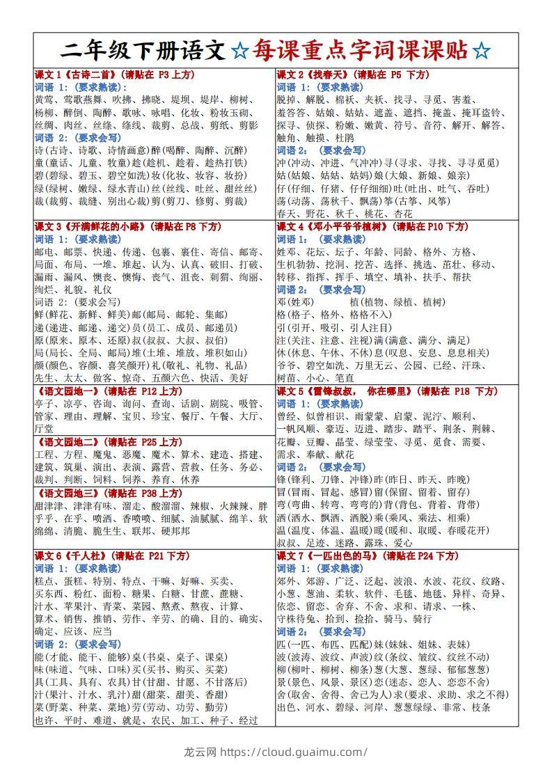 新二下语文每课重点字词课课贴4页-龙云试卷网