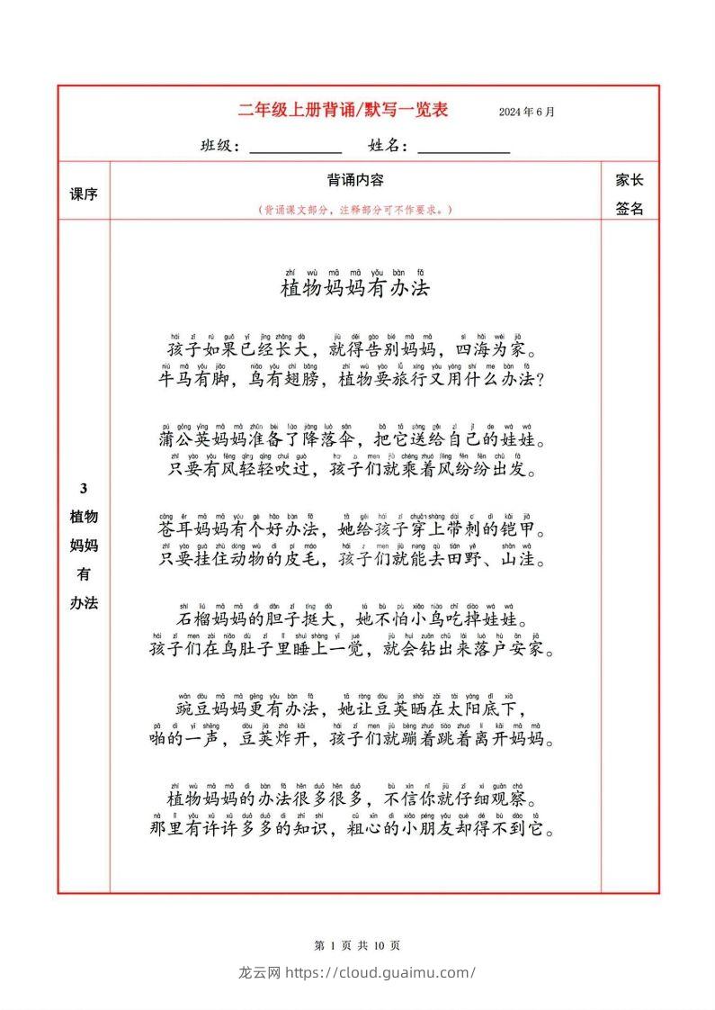 二上语文必背内容默写表-龙云试卷网