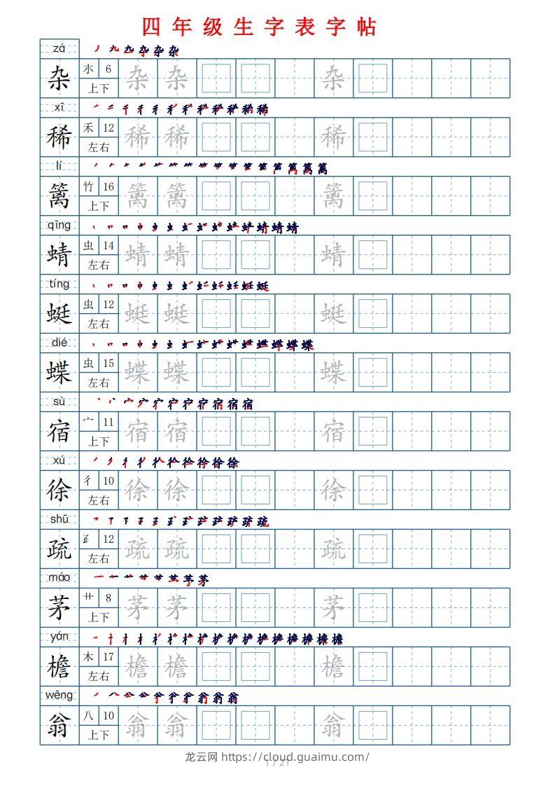 【生字表字帖250个（偏旁部首+笔顺+拼音21页）】四下语文-龙云试卷网