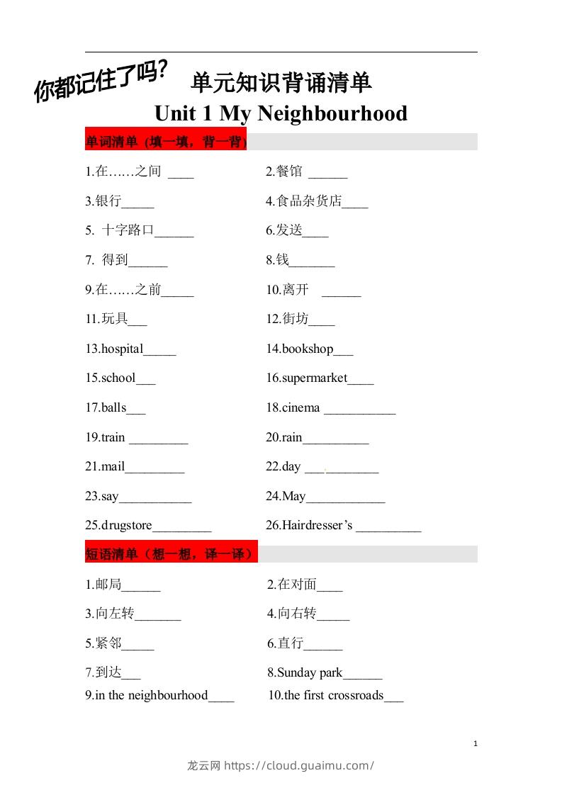 ❤四年级英语下册单元知识背诵清单Unit1MyNeighbourhood人教新起点（含答案）-龙云试卷网