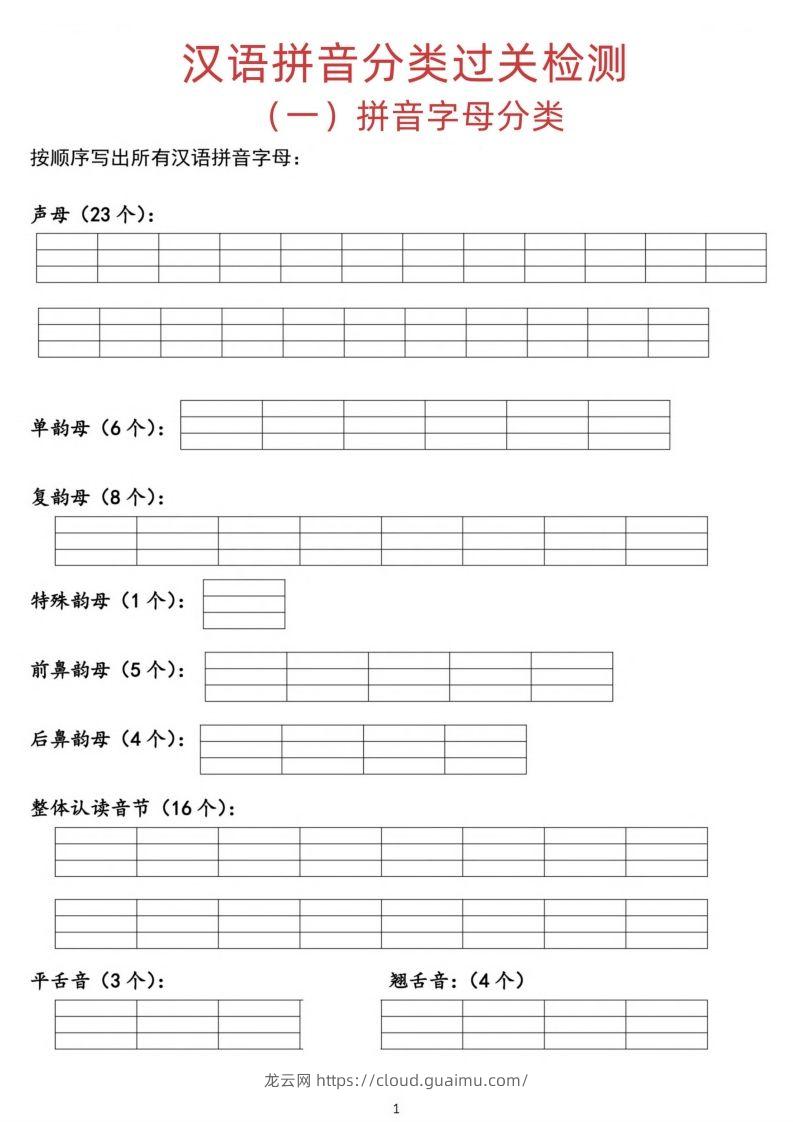 汉语拼音分类过关检测-龙云试卷网