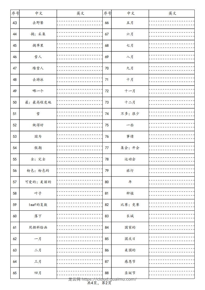 图片[2]-【默写】25春人教pep五下英语单词默写表（4页）-龙云试卷网