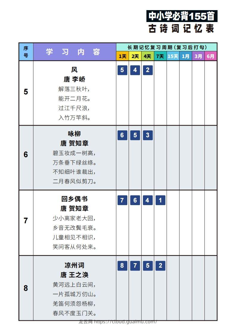 图片[2]-155首古诗词艾宾浩斯记忆表-龙云试卷网