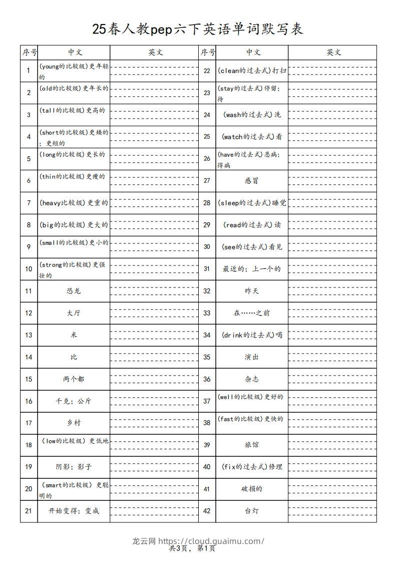 【默写】25春人教pep六下英语单词默写表（3页）-龙云试卷网