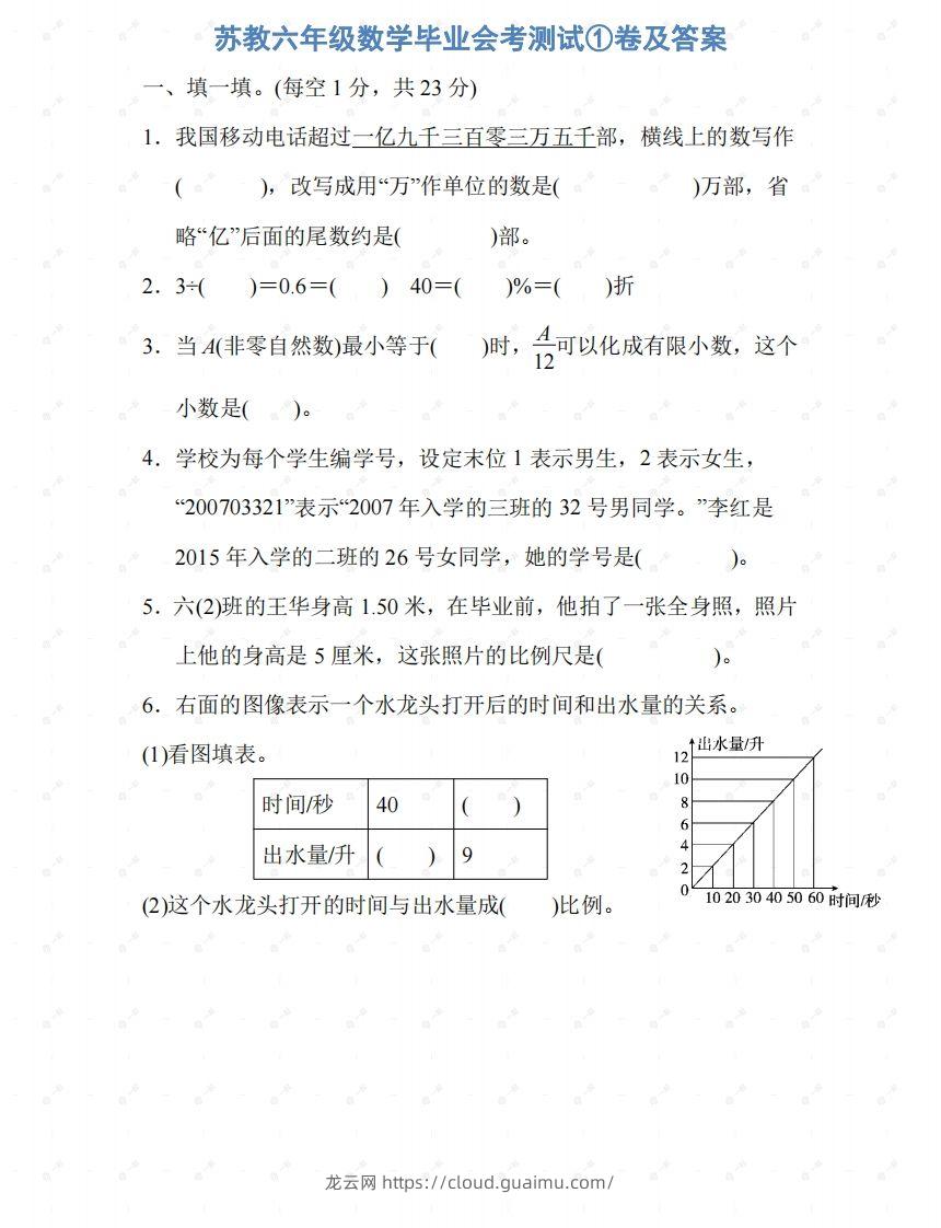 苏教六年级数学下册期末测试①卷及答案-龙云试卷网