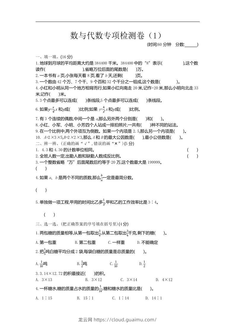 六下青岛63版数学期末数与代数专项检测卷（1）-龙云试卷网