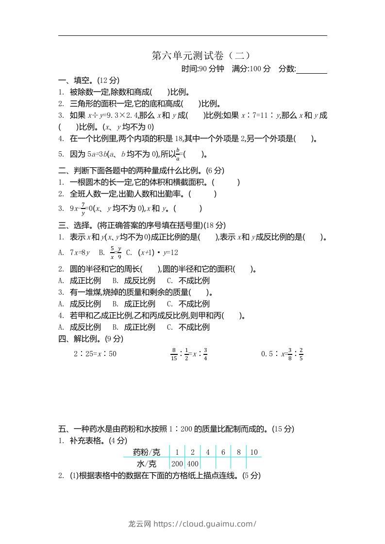 六下苏教版数学第六单元测试卷-2-龙云试卷网